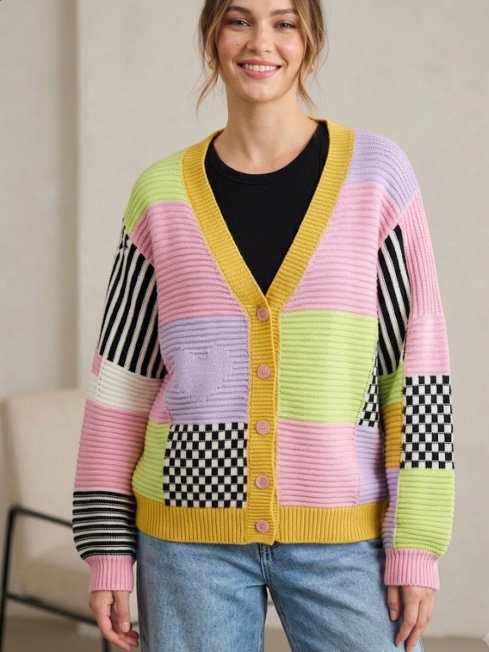 Colorblock Patchwork V-Neck Cardigan